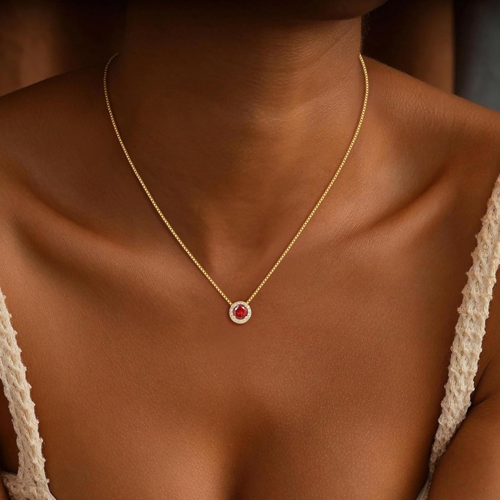 Gold Necklace with Red January Birthstone Pendant